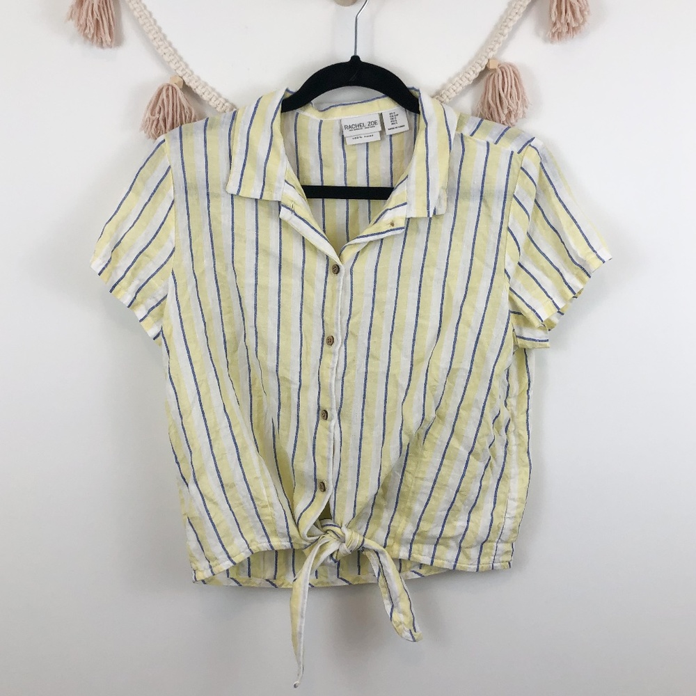 Rachel Zoe Yellow Striped Button Up Tie Front Top